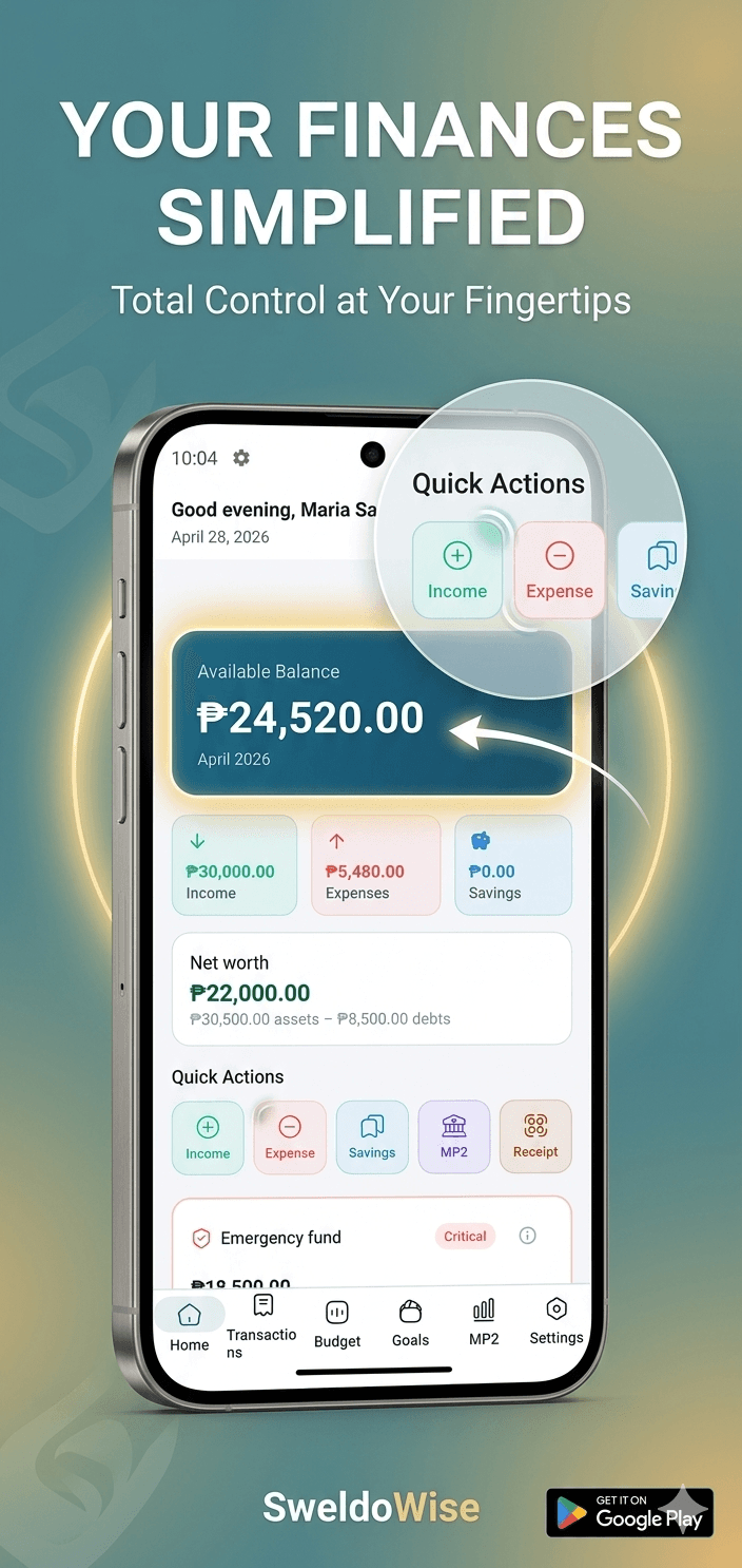 SweldoWise home dashboard showing balance, income, expenses, and savings at a glance