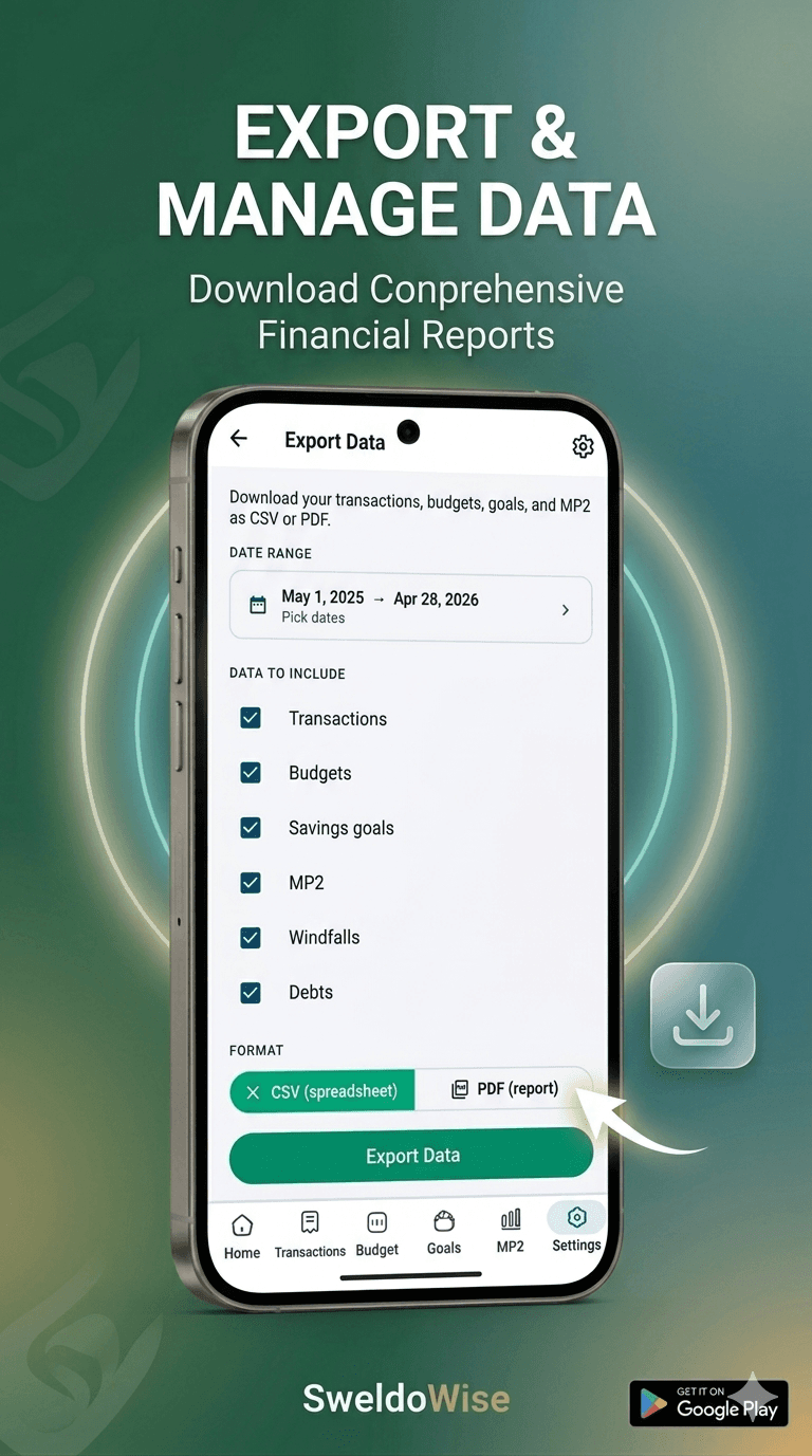 Export screen for saving financial records out of the app