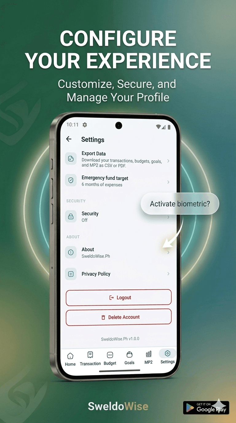 Privacy controls screen with options for managing personal financial data