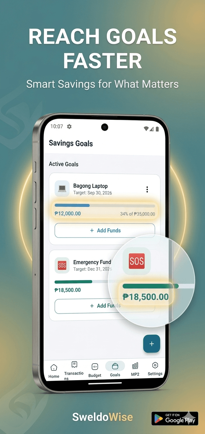 Savings goal screen tracking progress toward a target amount
