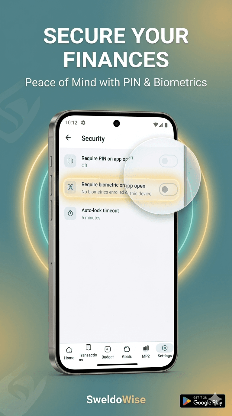 Security screen with app lock and authentication settings