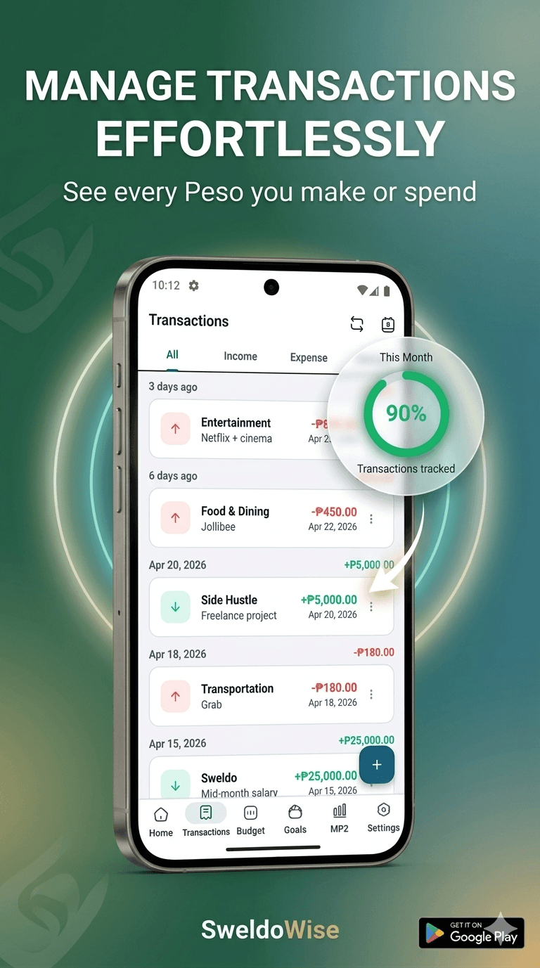 Transactions list showing recent income and expense entries