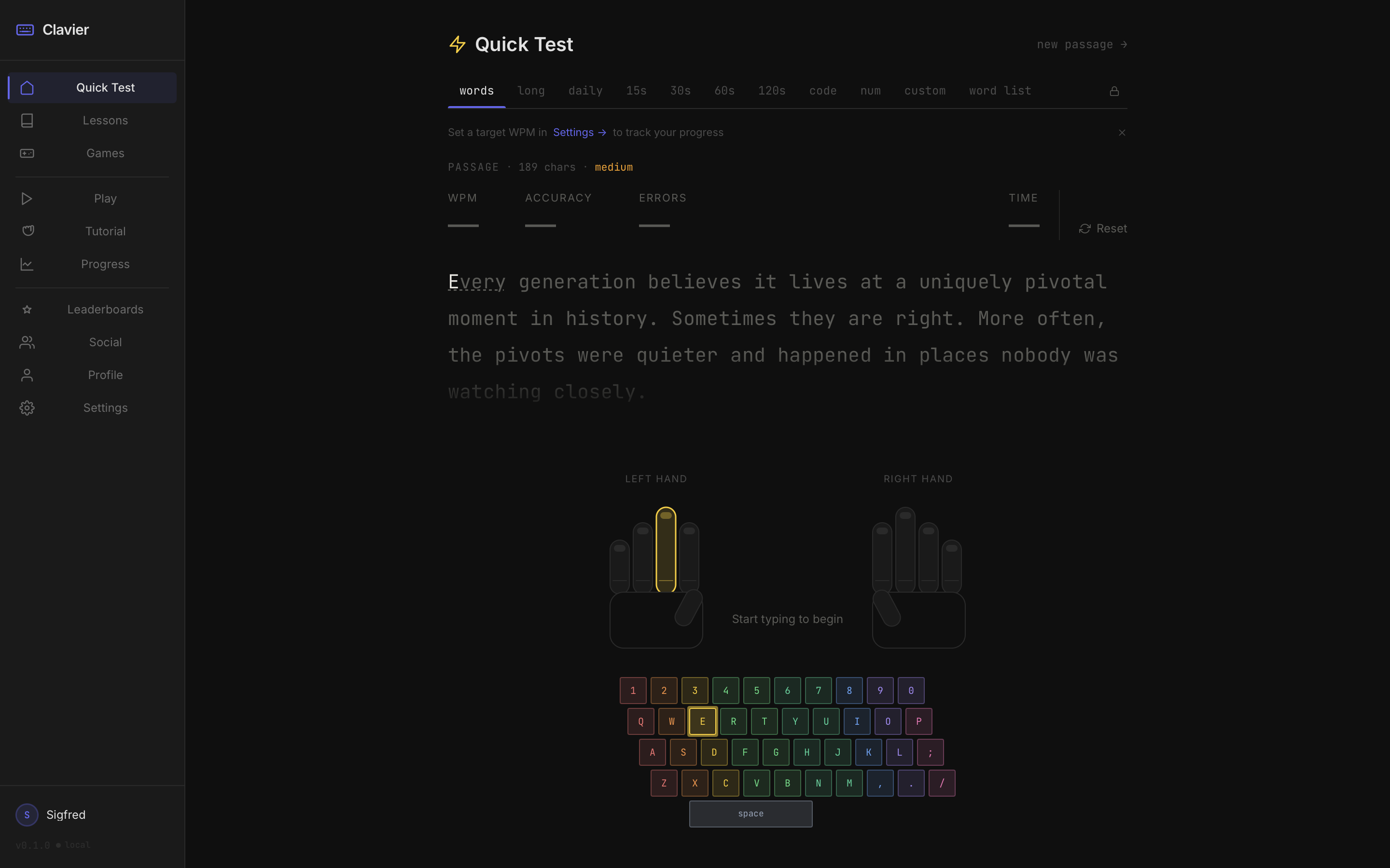 Clavier quick typing test in the browser, measuring speed and accuracy