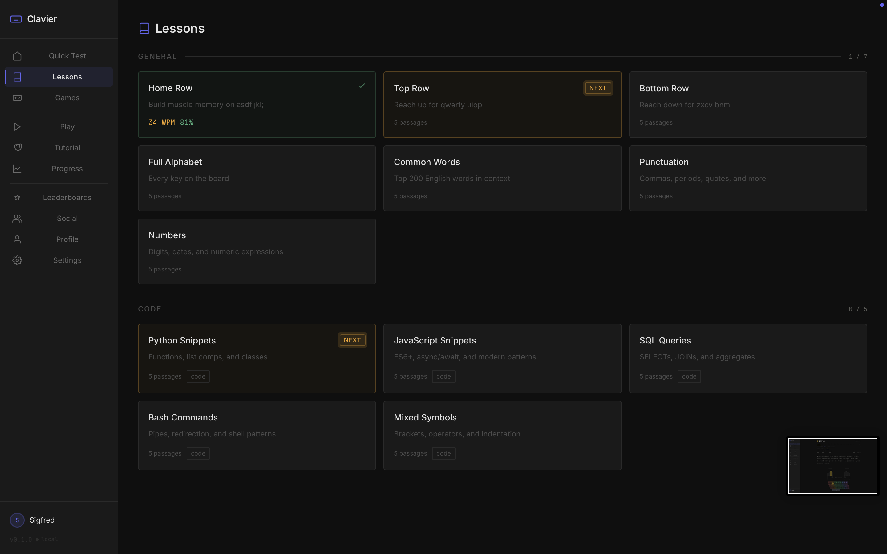 Guided typing lessons running in the browser
