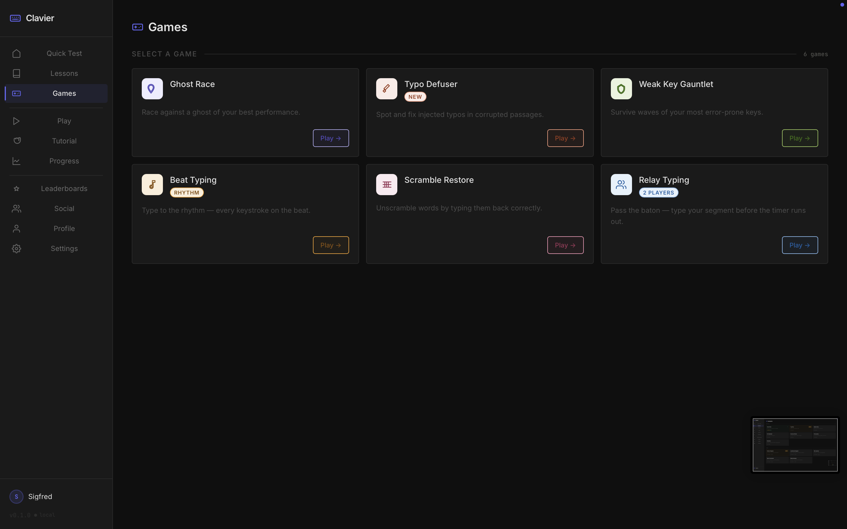 Arcade of browser-based typing games