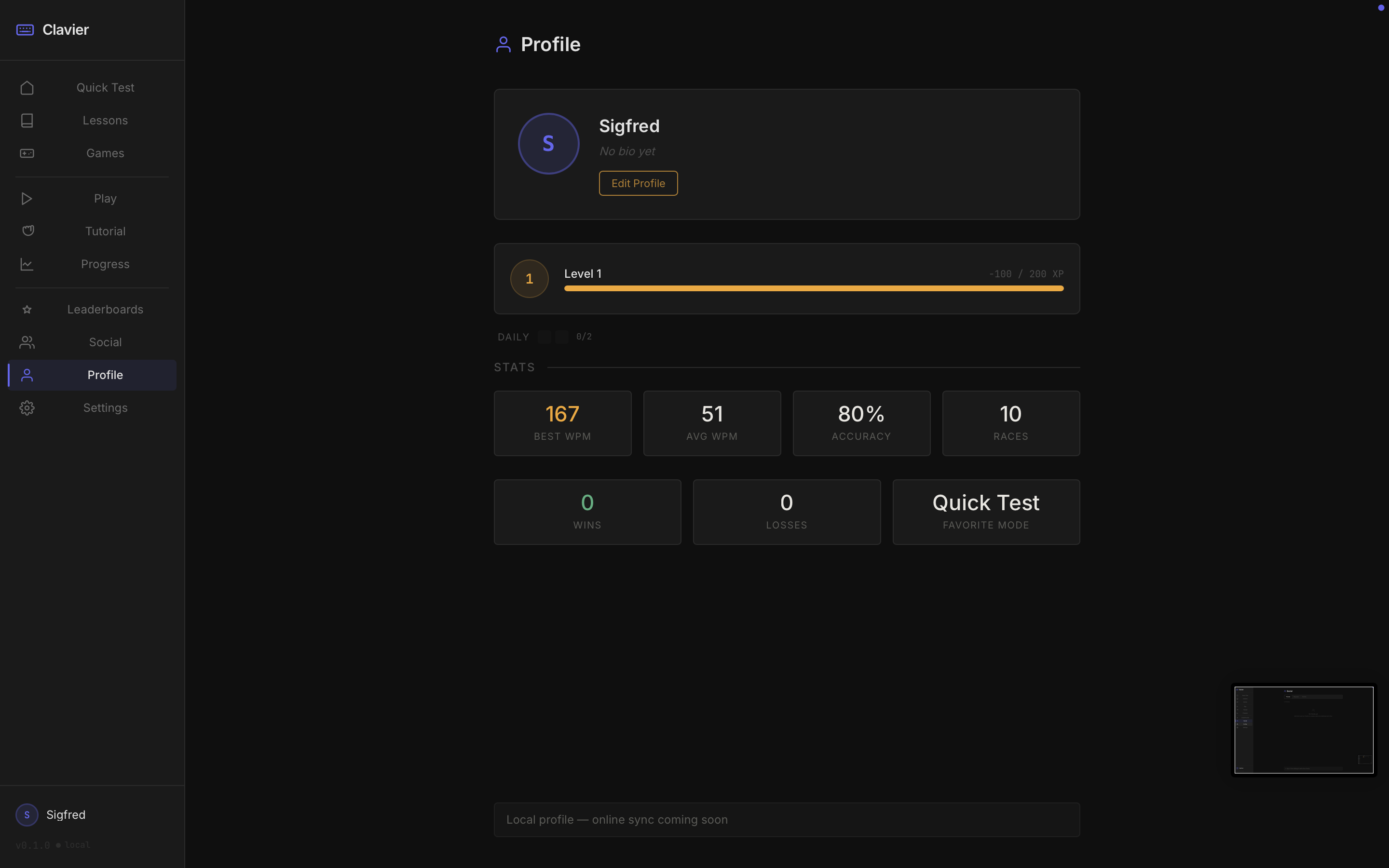 Player profile summarising typing achievements