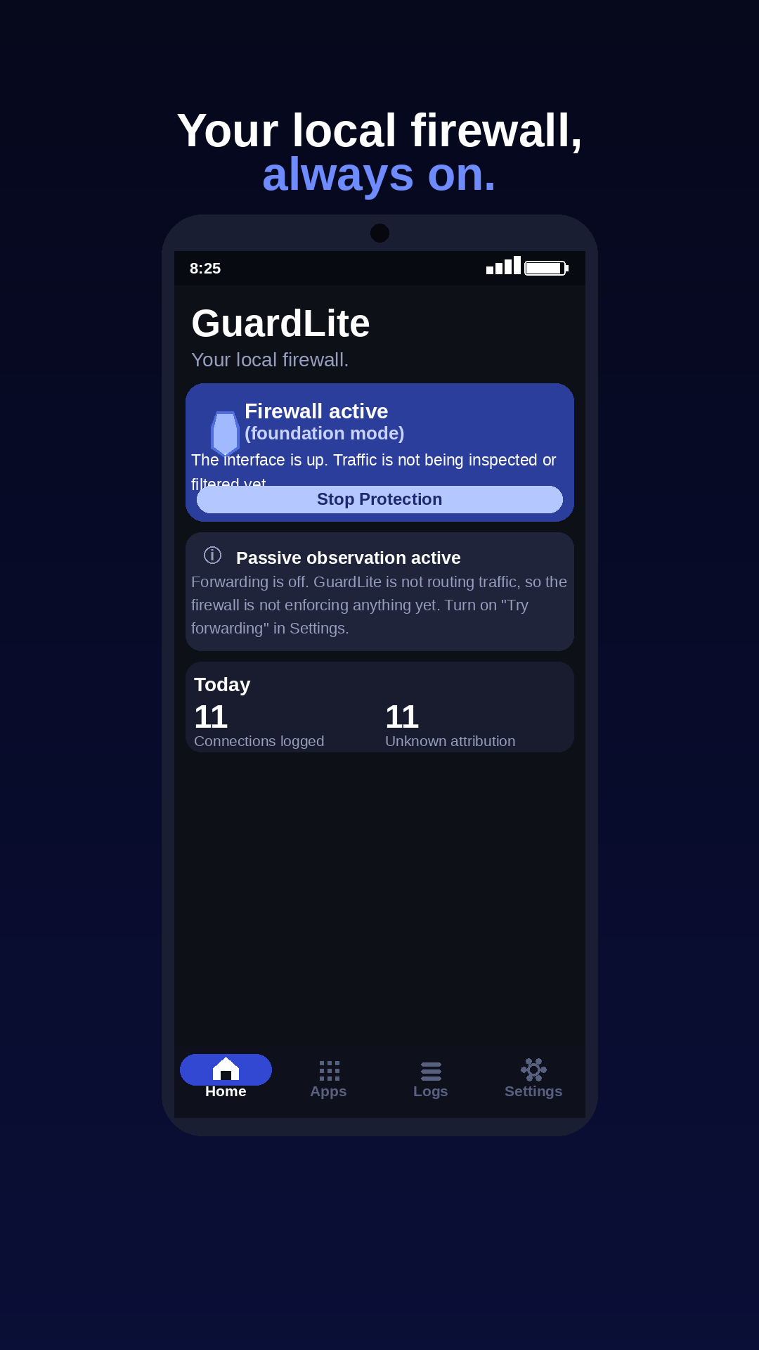 GuardLite home screen with the firewall toggle and per-app controls