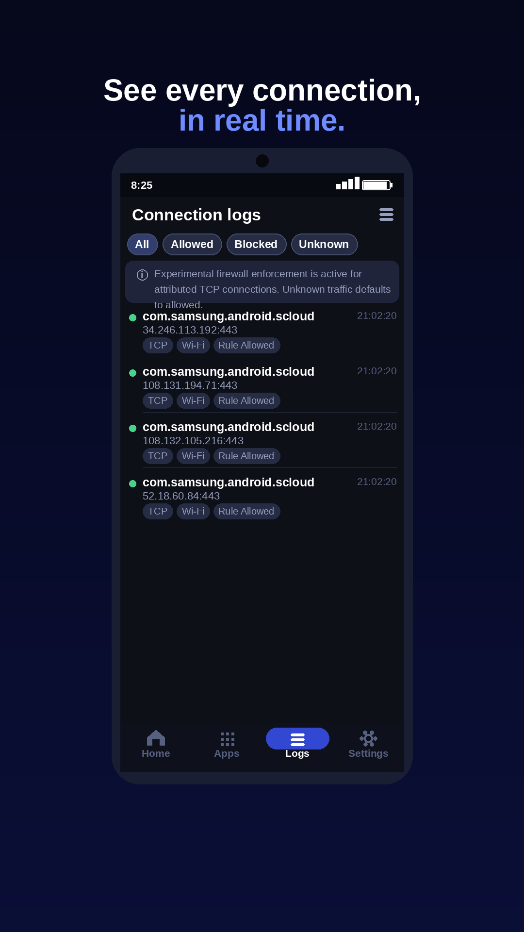 Connection activity view showing which apps reached the network