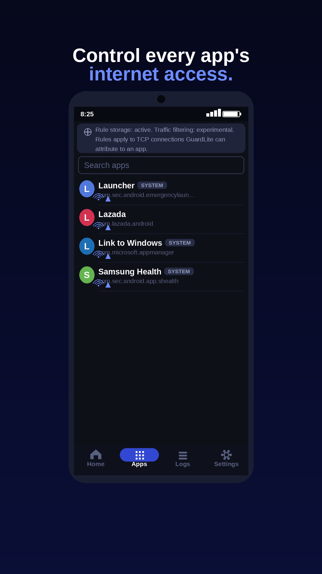 App list for choosing which apps may access the internet