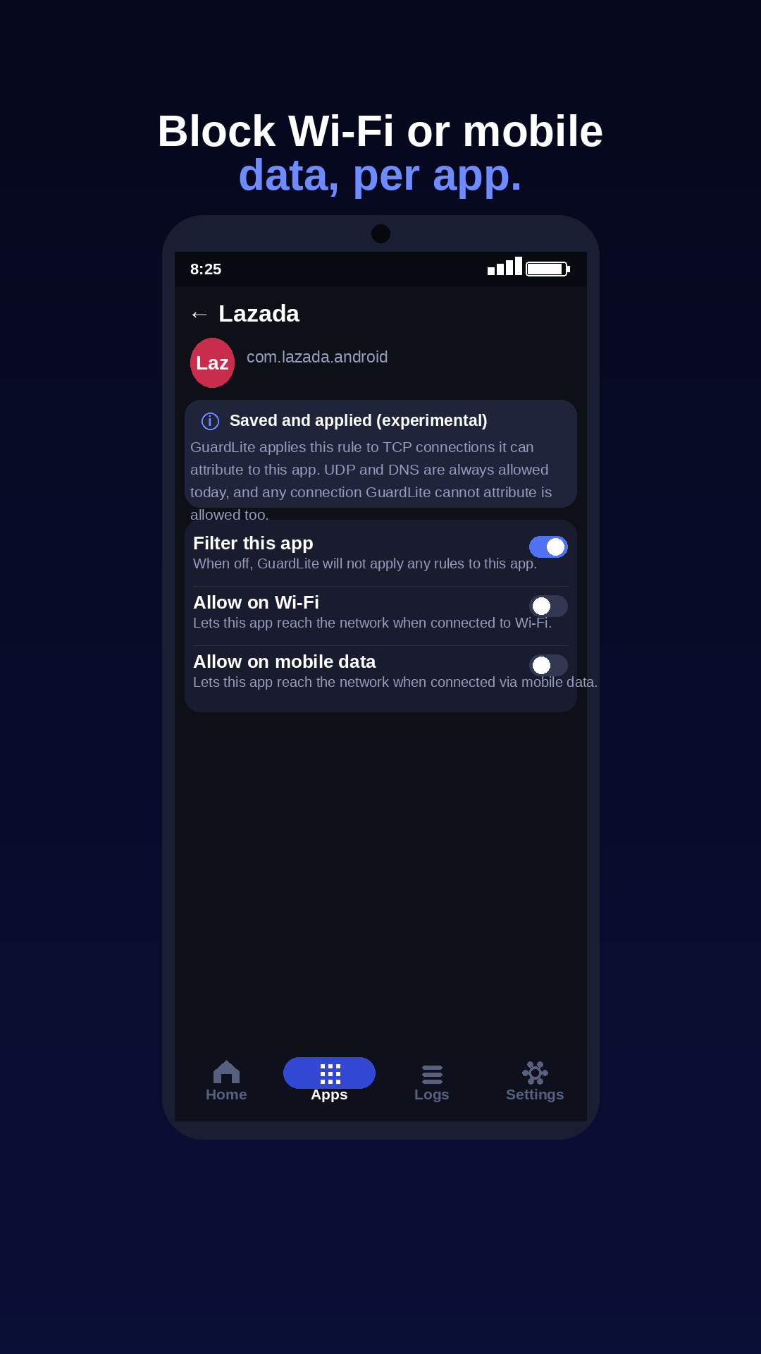 Per-app rule screen for blocking or allowing a single app