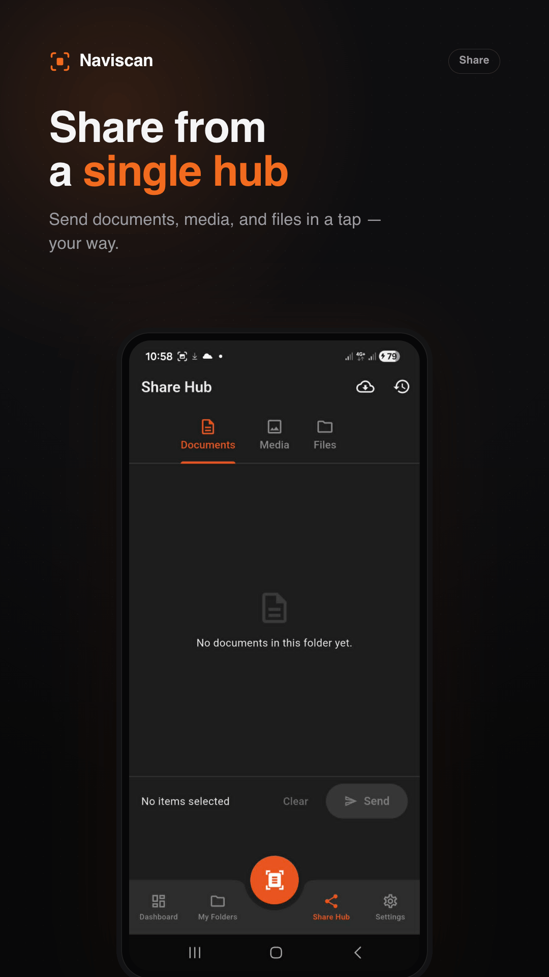 Share hub for exporting and sending a scanned document