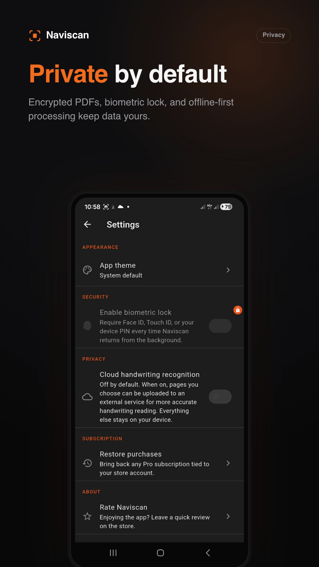 Settings screen with on-device vault and security options