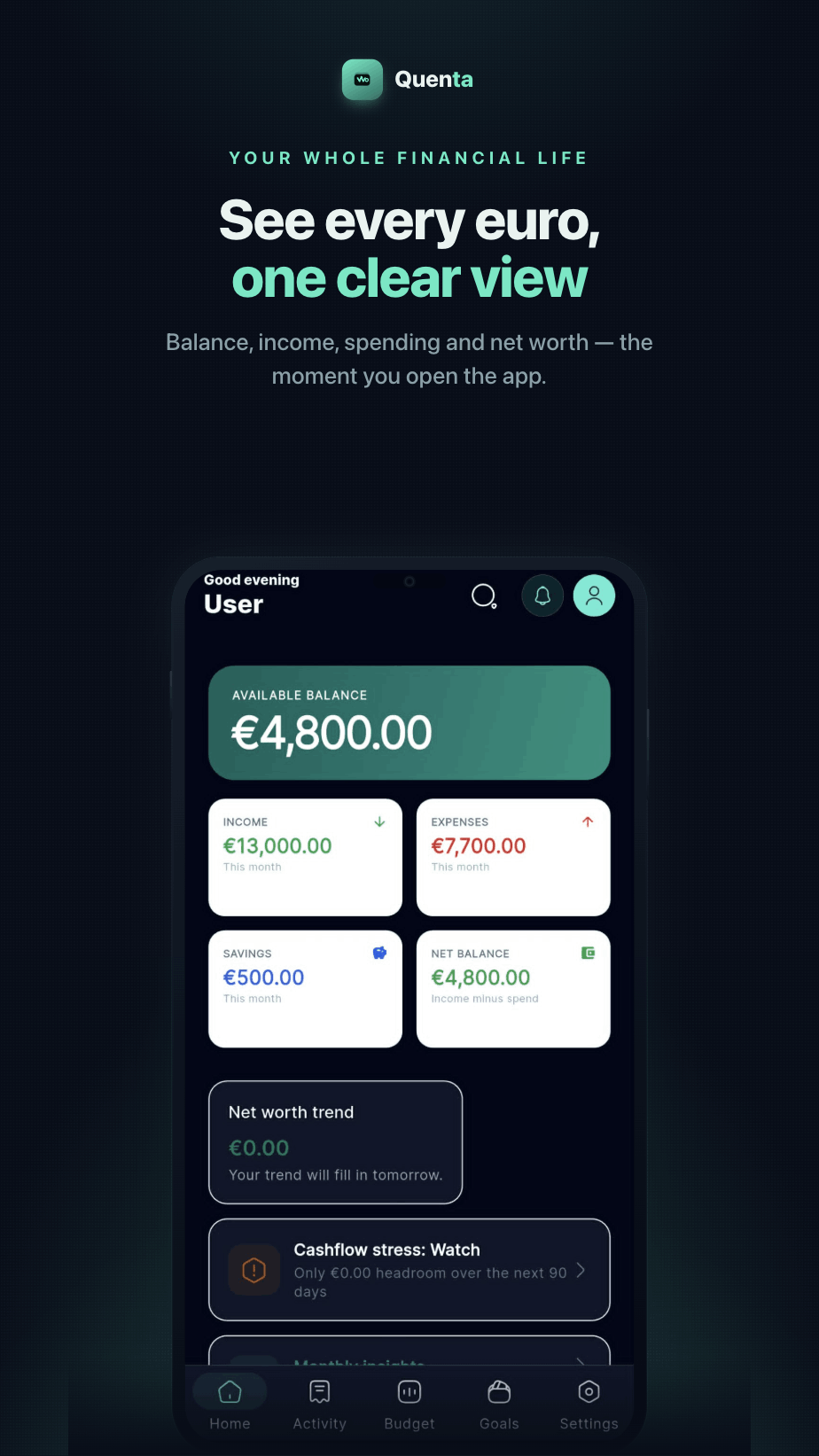 Quenta dashboard showing balance and spending at a glance