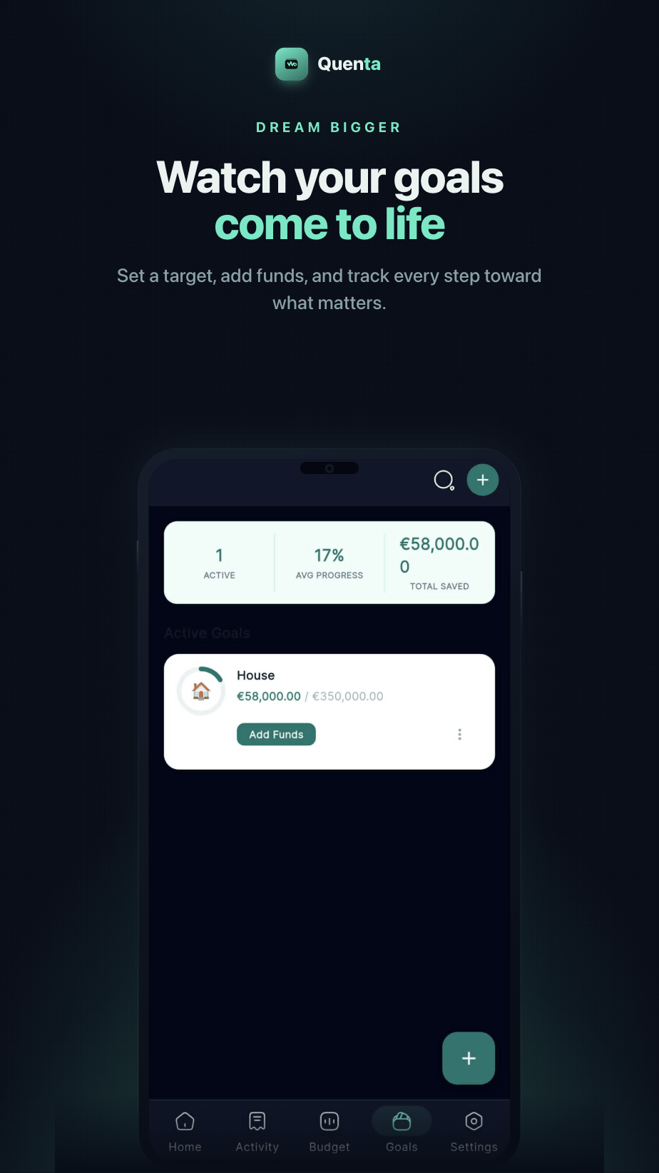 Savings goal screen tracking progress toward a target
