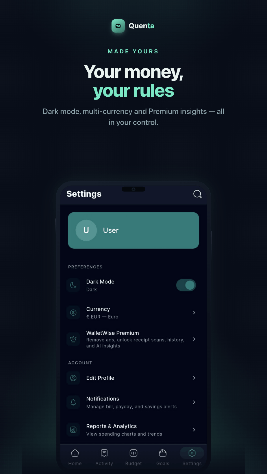 Settings screen with currency and security options