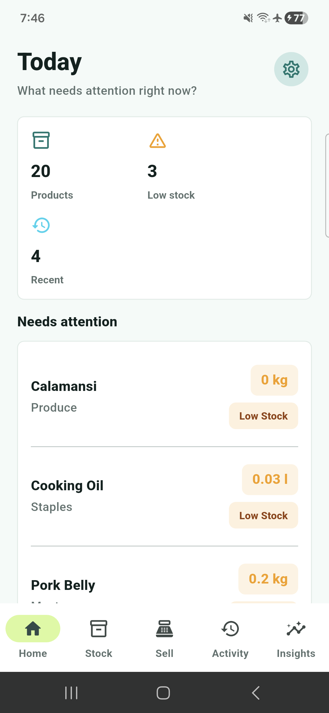 StockPilot home screen with an overview of the shop's stock and sales