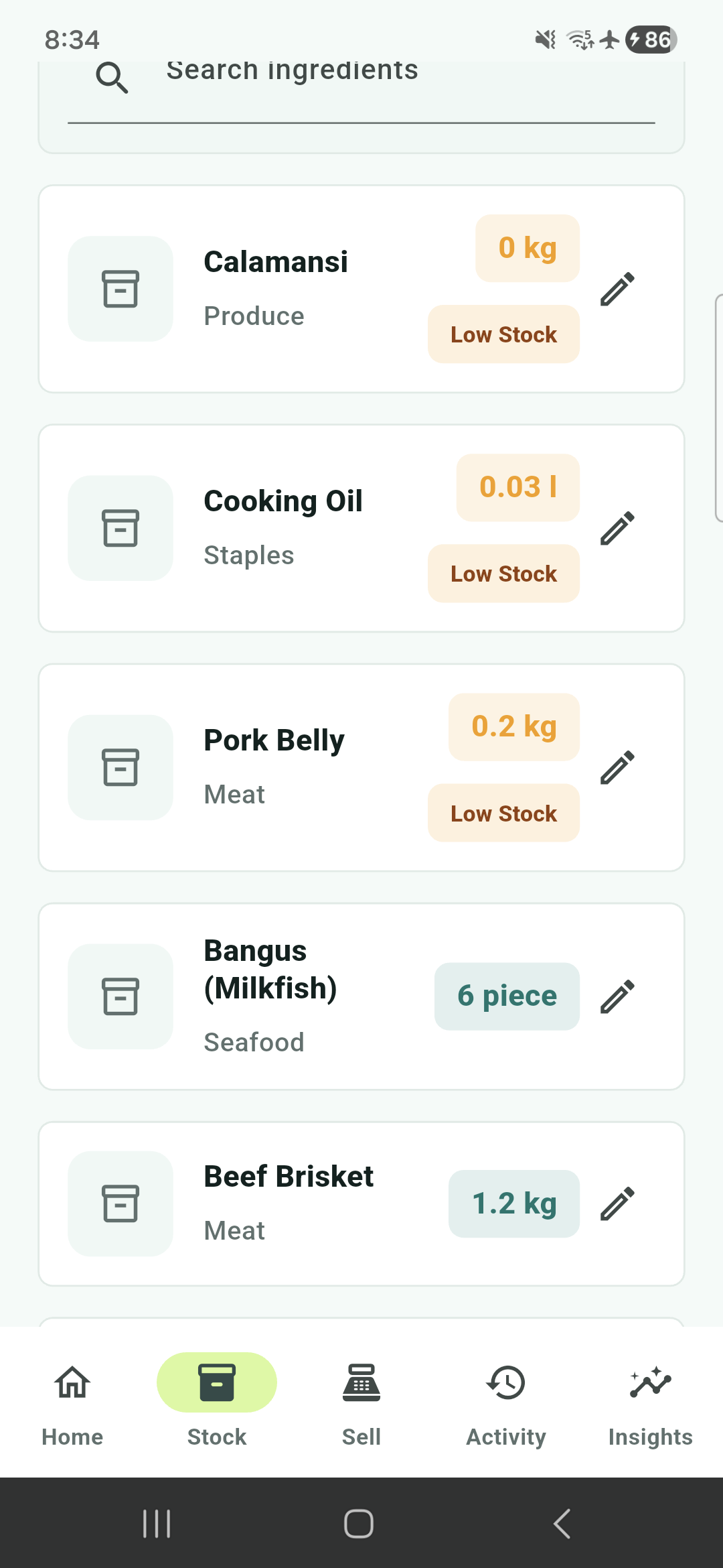 Stock list showing products with current quantities on hand