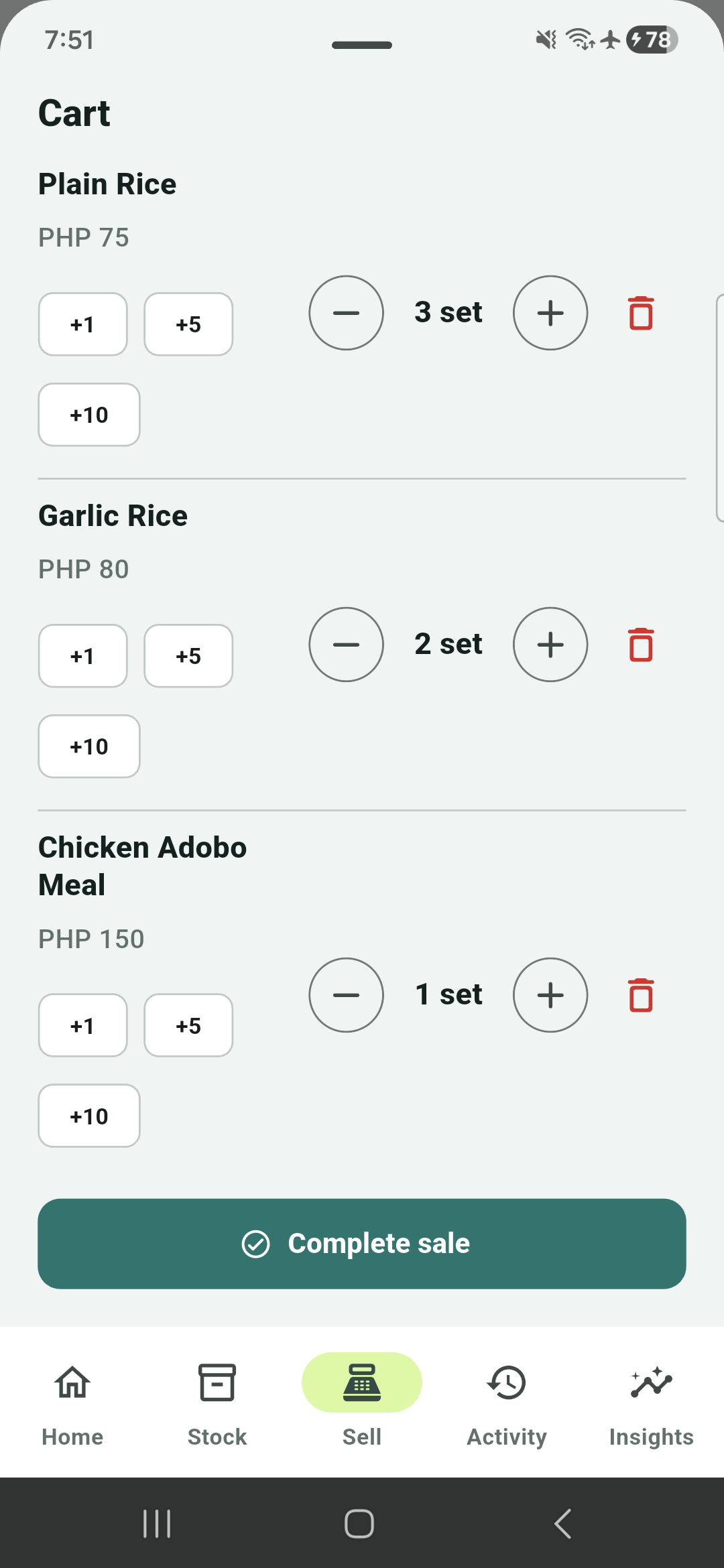 Built-in register with items added to a sale cart