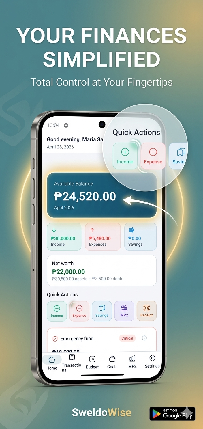 SweldoWise home dashboard showing balance, income, expenses, and savings at a glance
