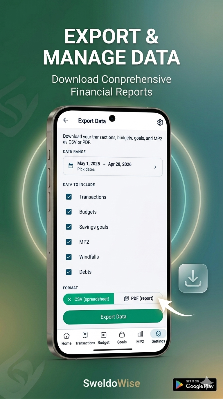 Export screen for saving financial records out of the app